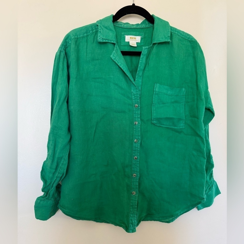 Maeve Green 100% Linen Long Sleeve Button Down Top with Front Pocket Size Small